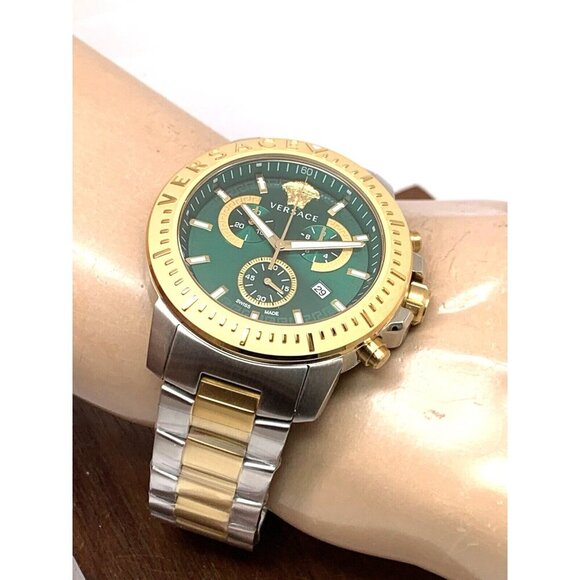 Versace Men's Watch VE2E00421 Swiss Quartz Chronograph Green Dial Two Tone Steel - Picture 6 of 15
